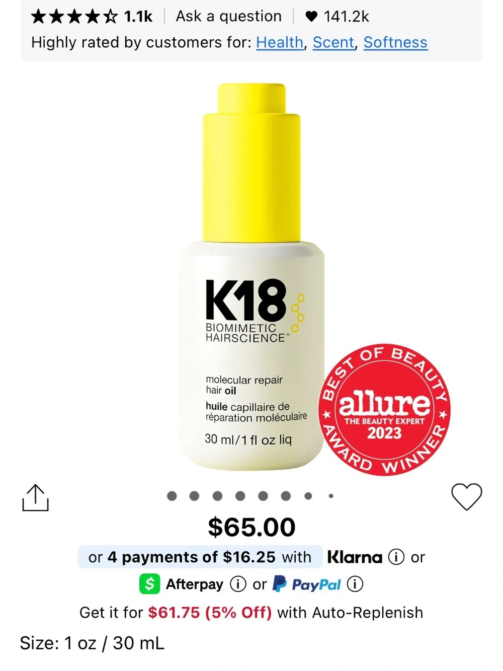 K18 Biomimetic Hairscience Molecular Repair Hair Oil - White/Yellow
